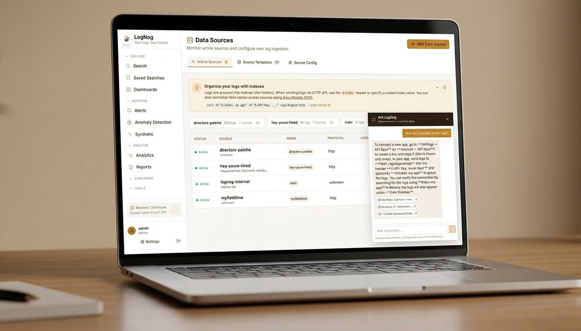 LogNog Data Sources with NogChat AI assistant